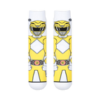 Two white socks laid flat showing the front view of a pixelated Yellow Ranger with a diamond chest pattern and morpher belt.