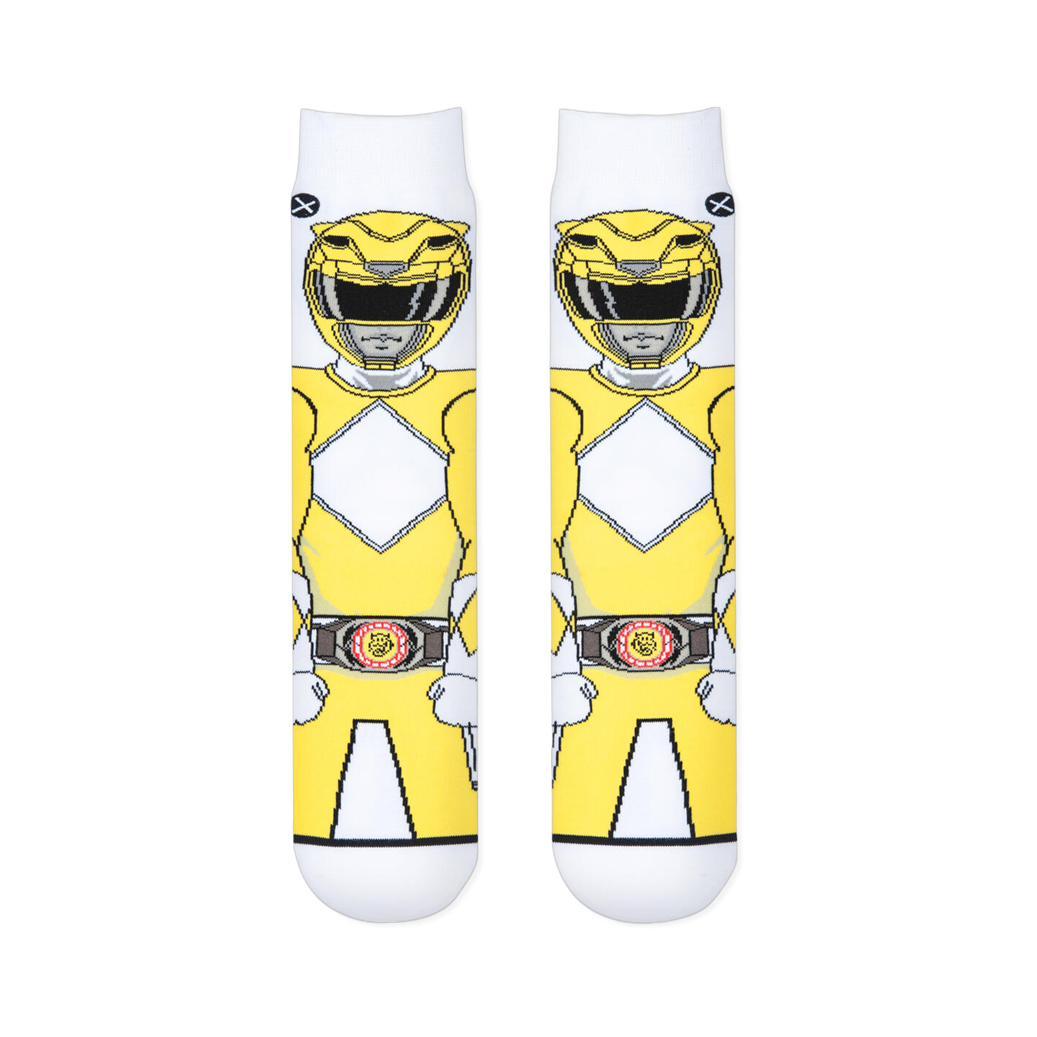 Two white socks laid flat showing the front view of a pixelated Yellow Ranger with a diamond chest pattern and morpher belt.
