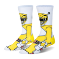 White crew socks featuring a 360-degree pixelated design of the Yellow Ranger in a bright yellow suit and classic helmet.