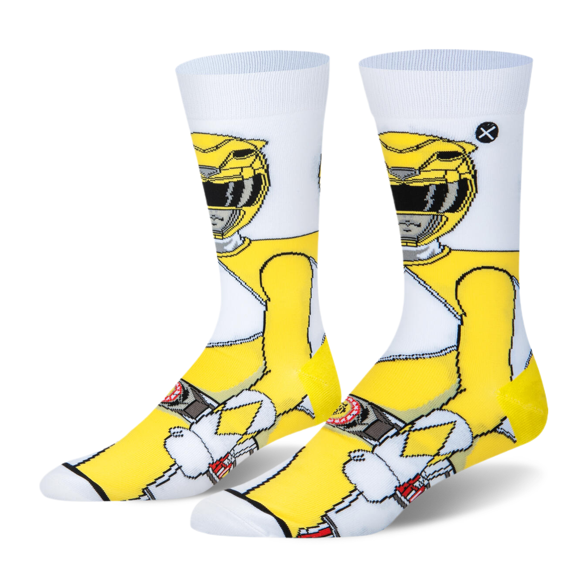 White crew socks featuring a 360-degree pixelated design of the Yellow Ranger in a bright yellow suit and classic helmet.