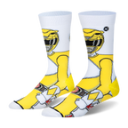White crew socks featuring a 360-degree pixelated design of the Yellow Ranger in a bright yellow suit and classic helmet.