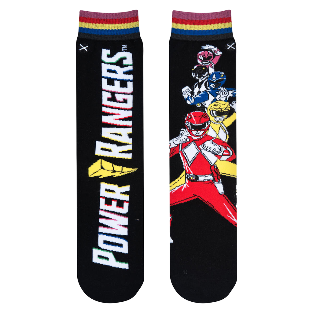 Lifestyle shot showing the Power Rangers socks on a person's feet, highlighting the sock's fit and style.