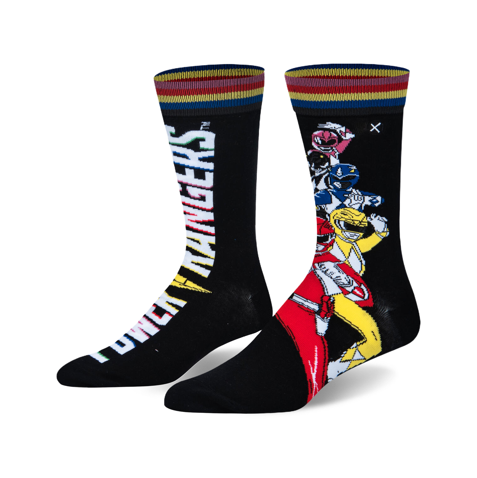 Crew socks, black with rainbow stripes. One side shows the Power Rangers logo, the other features the Power Rangers team.