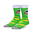 Pair of crew socks in green and yellow, featuring Pringles Sour Cream & Onion branding and chip-shaped designs.