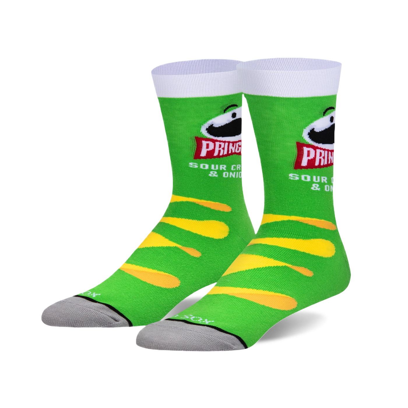 Pair of crew socks in green and yellow, featuring Pringles Sour Cream & Onion branding and chip-shaped designs.
