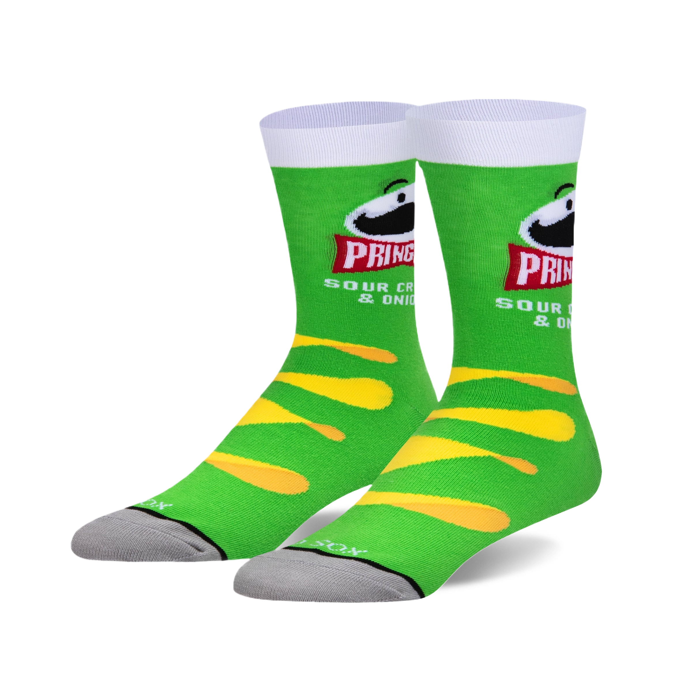 Pair of crew socks in green and yellow, featuring Pringles Sour Cream & Onion branding and chip-shaped designs.