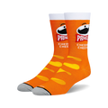 Pair of orange crew socks with a Pringles Cheddar Cheese design.  Features the Pringles can and cheesy chip pattern.