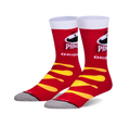 Pair of crew socks featuring a red and yellow Pringles design.  The socks show the Pringles can and wavy chips.