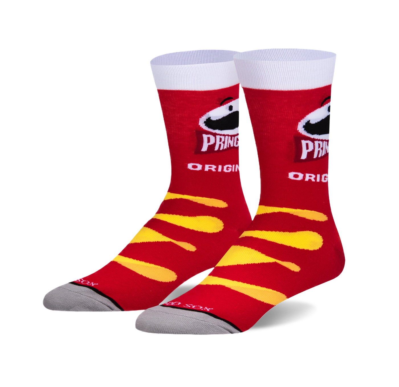 Pair of crew socks featuring a red and yellow Pringles design.  The socks show the Pringles can and wavy chips.