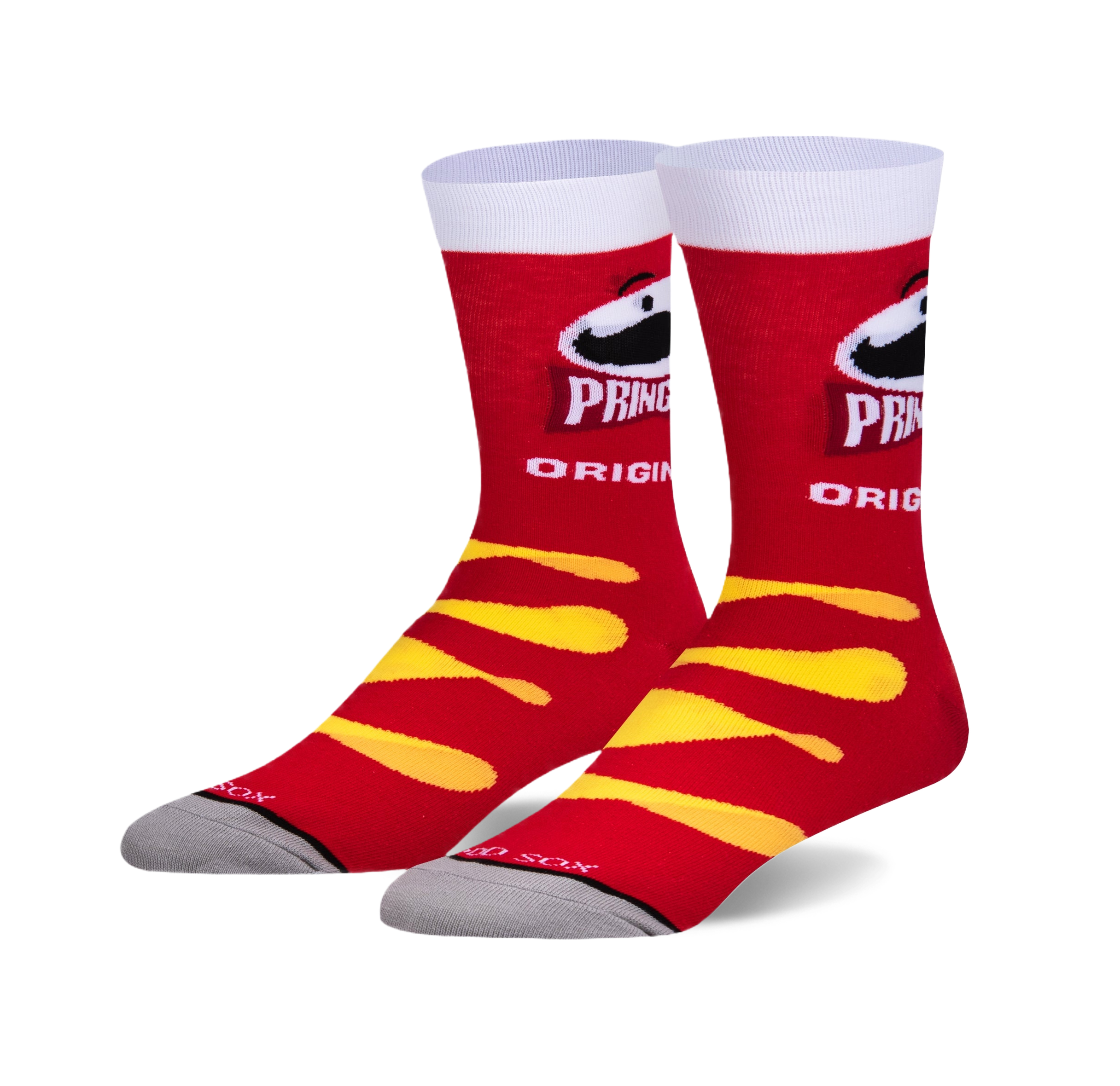 Pair of crew socks featuring a red and yellow Pringles design.  The socks show the Pringles can and wavy chips.