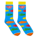Lifestyle shot: Two pairs of Swedish Fish socks casually draped over a light-colored surface. Shows the socks' design and color well.