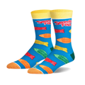 Pair of crew socks with a teal background. Features colorful Swedish Fish candy printed on them, and yellow cuffs with 'Swedish Fish' logo.