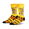 A pair of crew socks showcasing Chester Cheetah. The socks are predominantly yellow with orange and black cheetah spots, and stripes.
