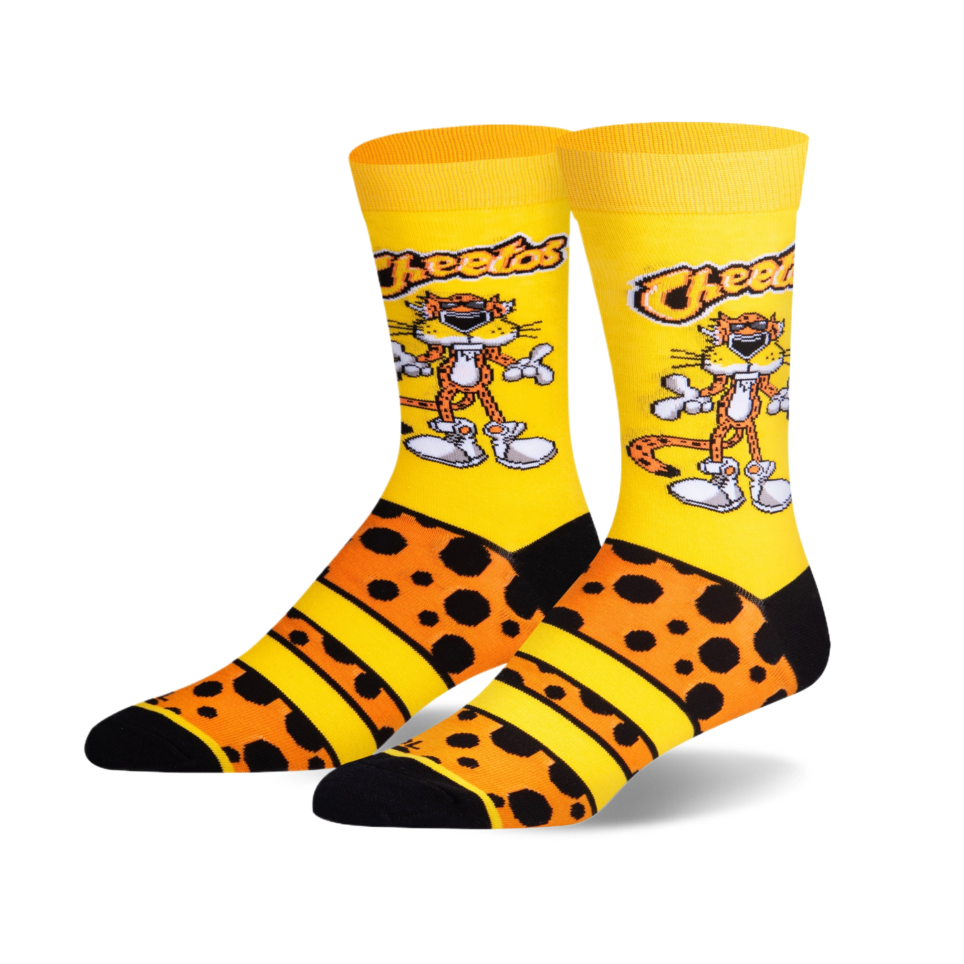 A pair of crew socks showcasing Chester Cheetah. The socks are predominantly yellow with orange and black cheetah spots, and stripes.