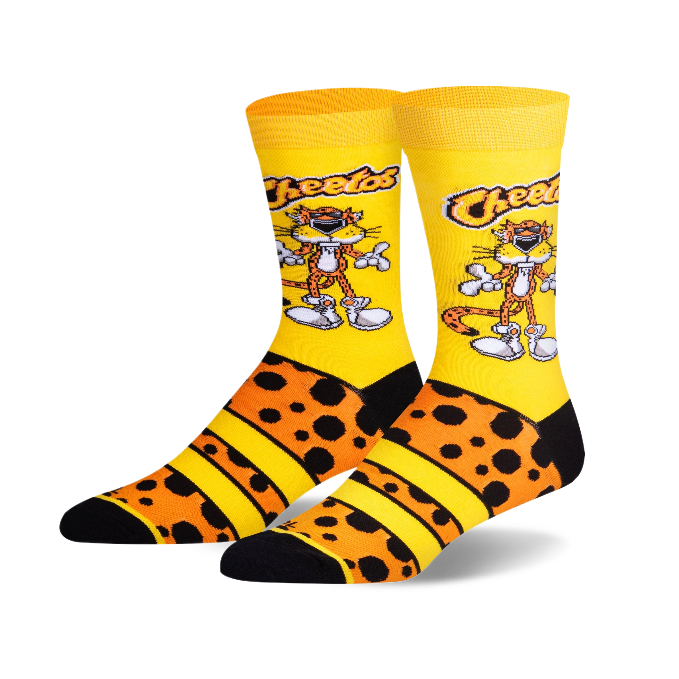 A pair of crew socks showcasing Chester Cheetah. The socks are predominantly yellow with orange and black cheetah spots, and stripes.