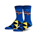 Pair of crew socks in blue, black, and yellow. Features a geometric pattern and the Doritos Cool Ranch logo.