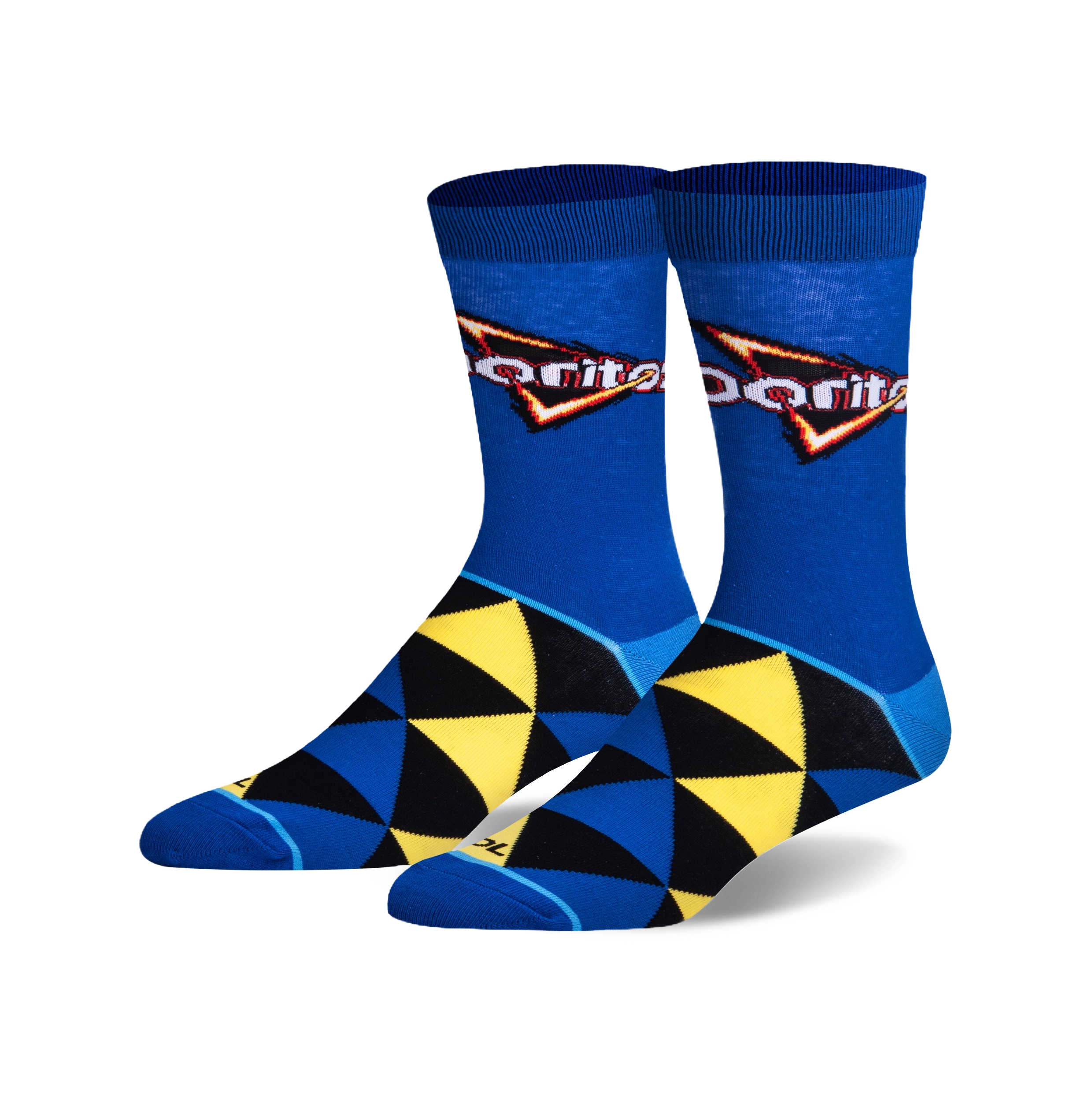 Pair of crew socks in blue, black, and yellow. Features a geometric pattern and the Doritos Cool Ranch logo.