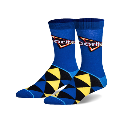 Pair of crew socks in blue, black, and yellow. Features a geometric pattern and the Doritos Cool Ranch logo.
