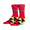 Pair of crew socks in red, black, and yellow. Features a geometric pattern and the Doritos logo.