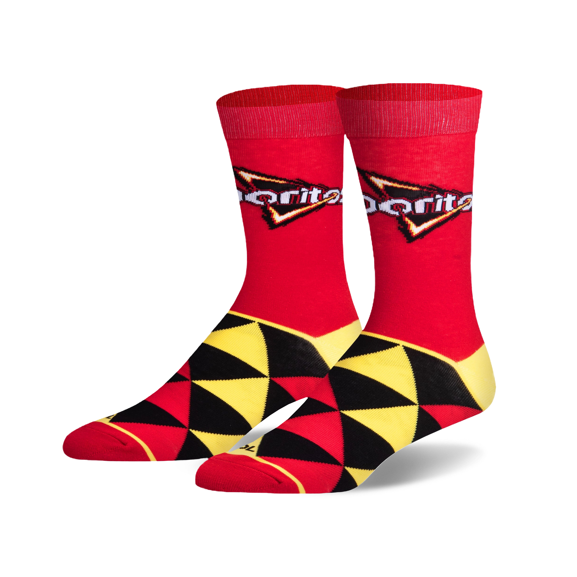 Pair of crew socks in red, black, and yellow. Features a geometric pattern and the Doritos logo.