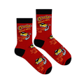 Flat lay of two red Cheetos socks showing the black heels, cuffs, toes, and repeating Chester Cheetah flame pattern.