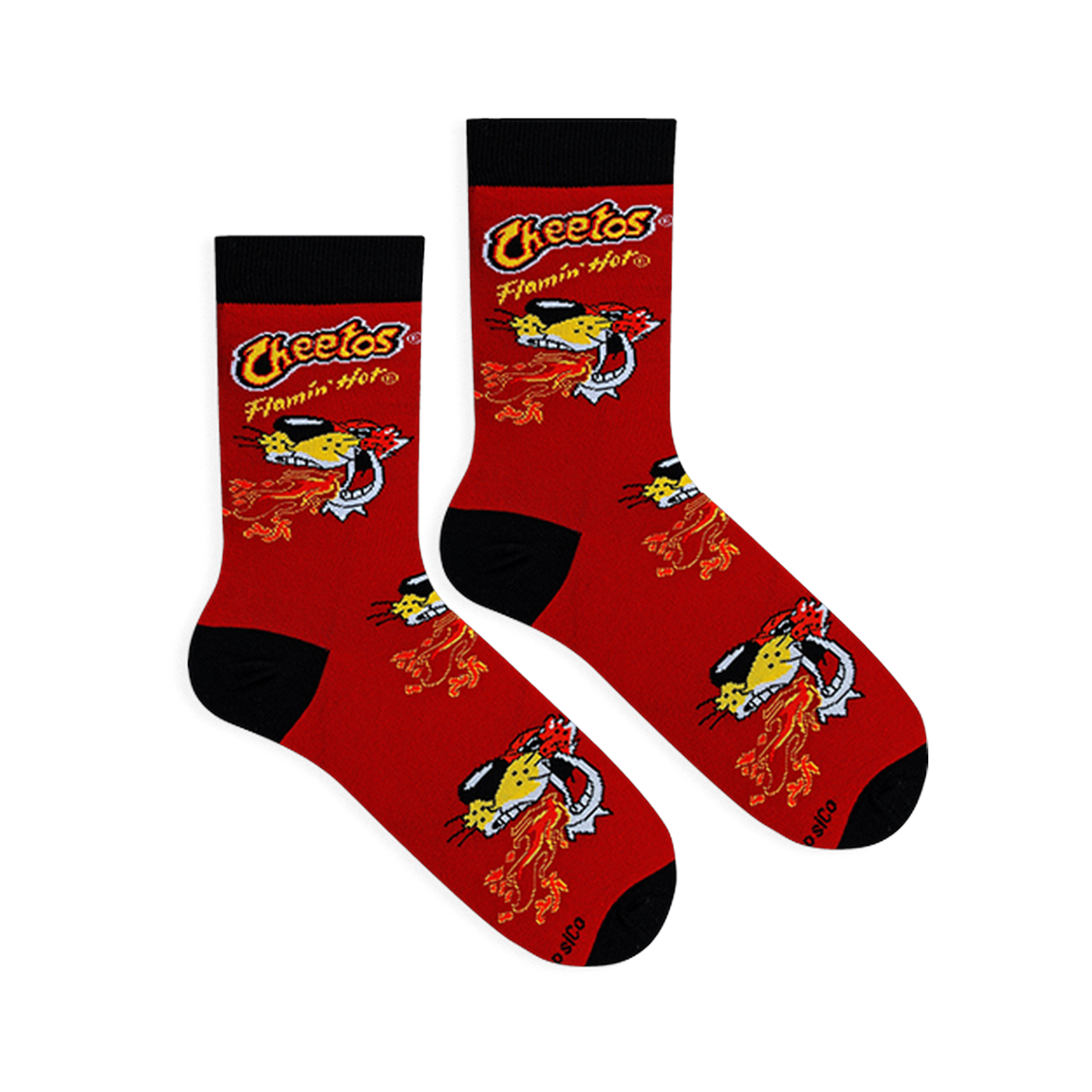 Flat lay of two red Cheetos socks showing the black heels, cuffs, toes, and repeating Chester Cheetah flame pattern.