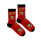 Flat lay of two red Cheetos socks showing the black heels, cuffs, toes, and repeating Chester Cheetah flame pattern.