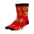 Red crew socks with black cuffs, heels, and toes. Features the Cheetos Flamin' Hot logo and Chester Cheetah breathing fire.