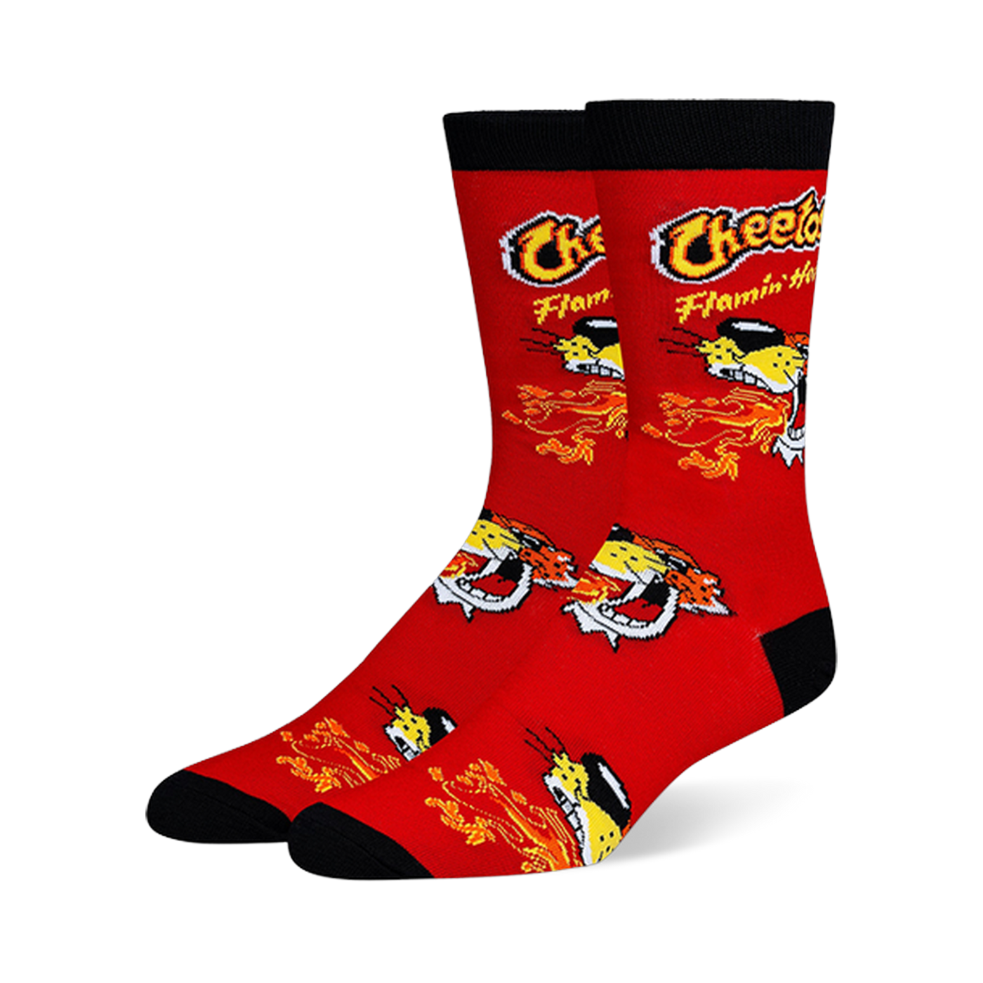 Red crew socks with black cuffs, heels, and toes. Features the Cheetos Flamin' Hot logo and Chester Cheetah breathing fire.