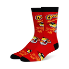 Red crew socks with black cuffs, heels, and toes. Features the Cheetos Flamin' Hot logo and Chester Cheetah breathing fire.