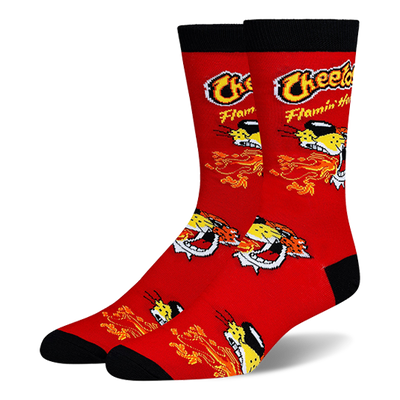 Red crew socks with black cuffs, heels, and toes. Features the Cheetos Flamin' Hot logo and Chester Cheetah breathing fire.