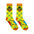 Flat lay of Sour Patch Kids socks showing yellow and green checkers, the logo, and a panel of colorful candy figures.