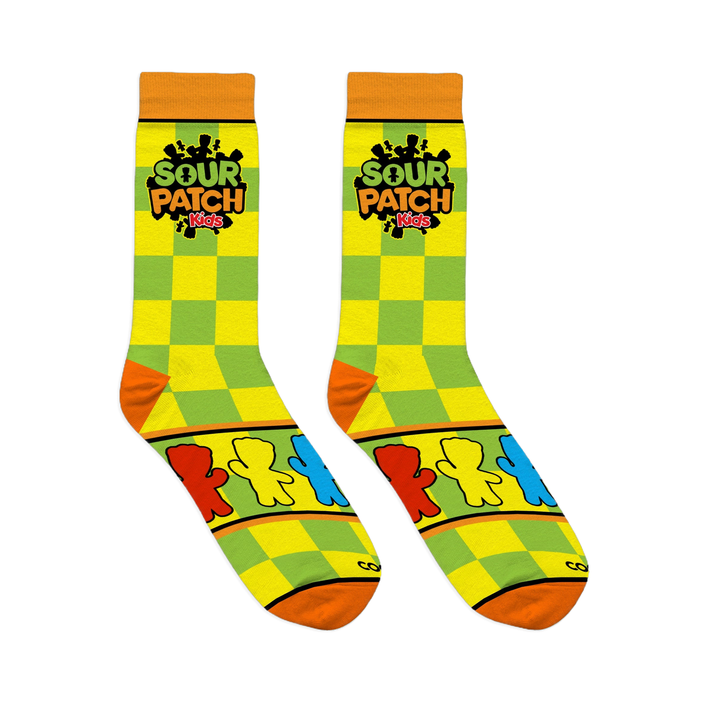 Flat lay of Sour Patch Kids socks showing yellow and green checkers, the logo, and a panel of colorful candy figures.
