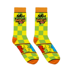 Flat lay of Sour Patch Kids socks showing yellow and green checkers, the logo, and a panel of colorful candy figures.