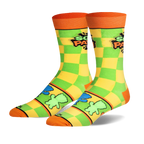Crew socks featuring a neon green and yellow checkerboard pattern, orange accents, and the Sour Patch Kids logo on the calf.