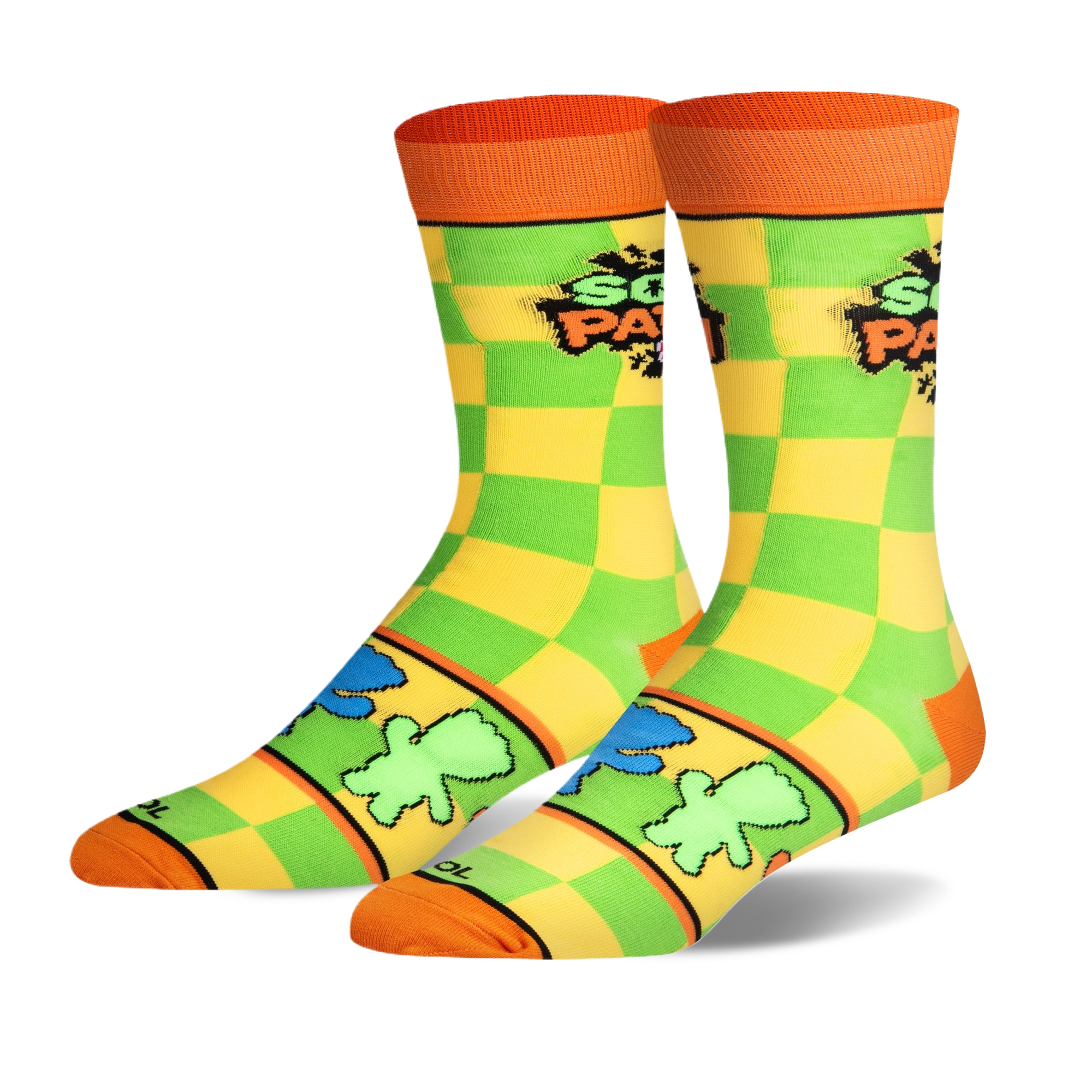 Crew socks featuring a neon green and yellow checkerboard pattern, orange accents, and the Sour Patch Kids logo on the calf.