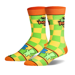 Crew socks featuring a neon green and yellow checkerboard pattern, orange accents, and the Sour Patch Kids logo on the calf.