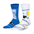 A pair of crew socks. One is blue with the Dunder Mifflin logo. The other is white with paper clips and sticky notes.