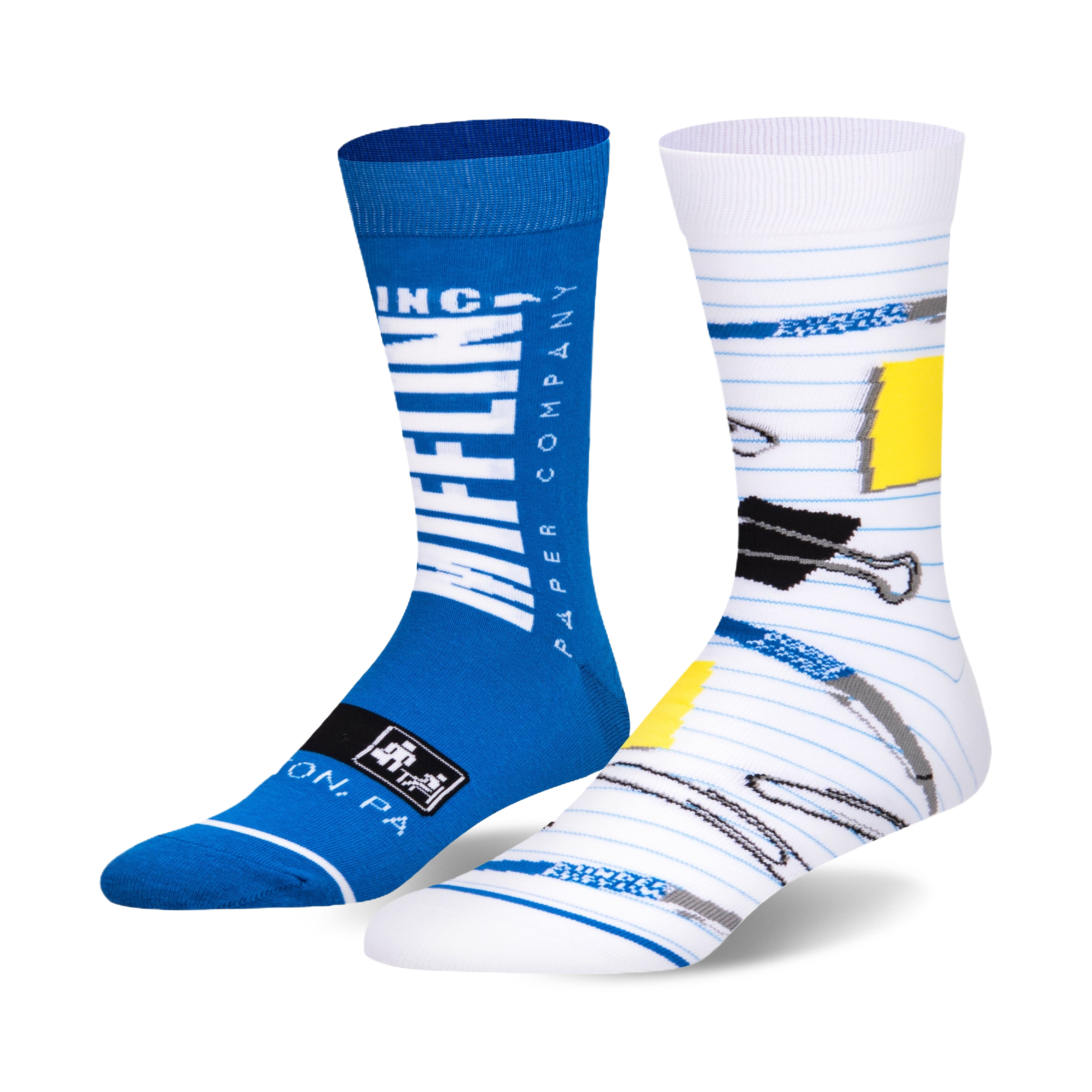 A pair of crew socks. One is blue with the Dunder Mifflin logo. The other is white with paper clips and sticky notes.