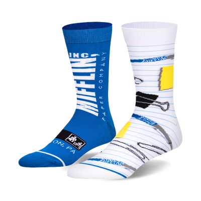 Pair of Dunder Mifflin split socks. One royal blue sock with white company logo. One white sock with blue lines and office supplies.