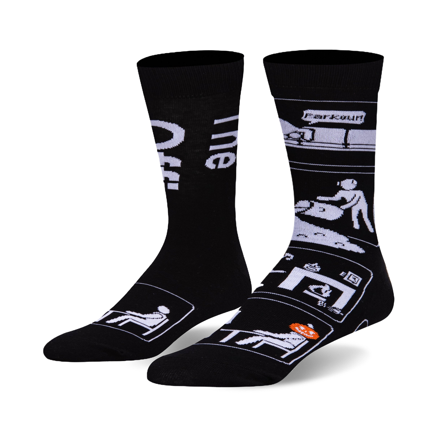 Black crew socks with a white design depicting funny office scenes, including 'parkour' and a person with a pumpkin on their head.