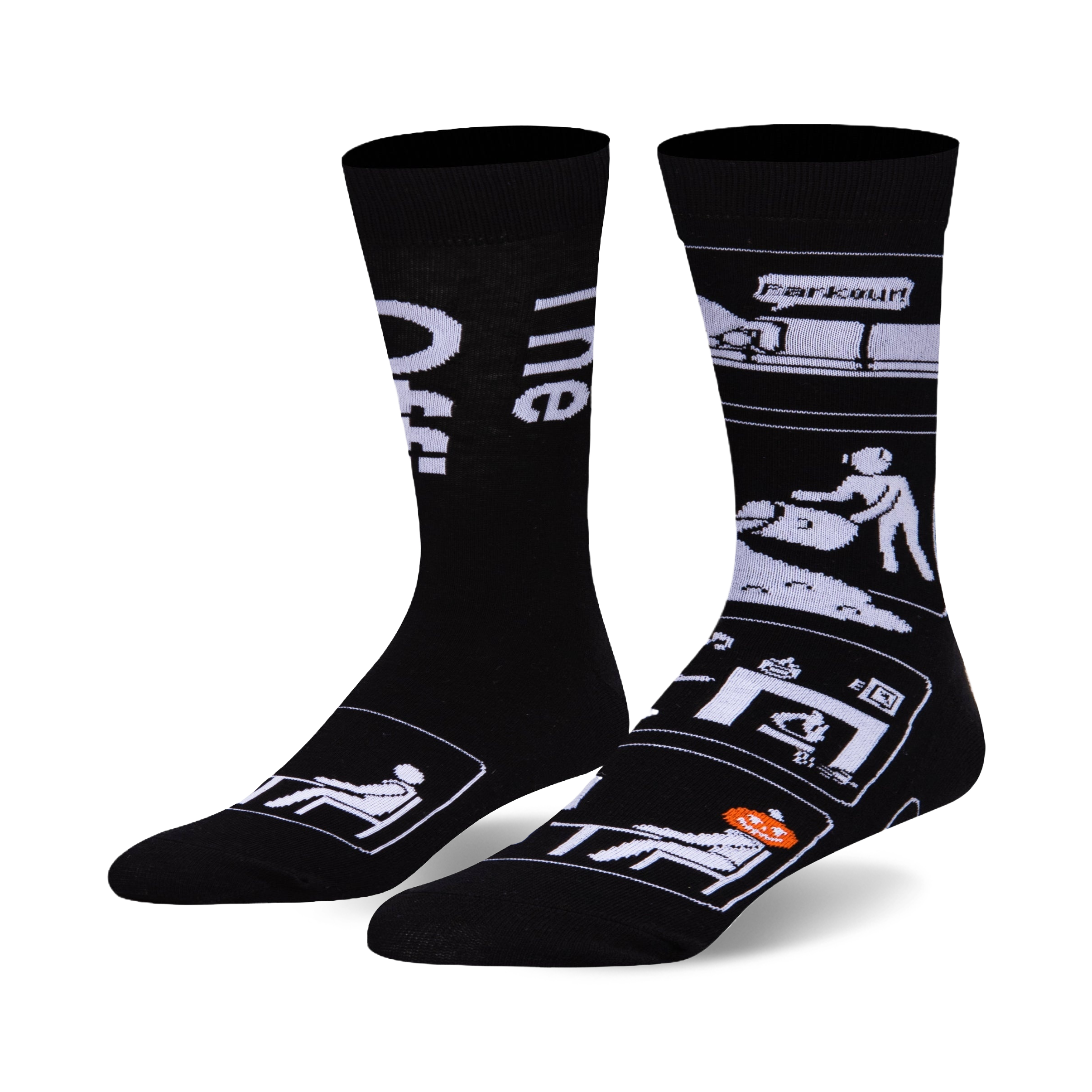 Black crew socks with a white design depicting funny office scenes, including 'parkour' and a person with a pumpkin on their head.