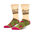 Cream crew socks with a green beet pattern and 'Schrute Farms' logo.  Features brown text and maroon accents.