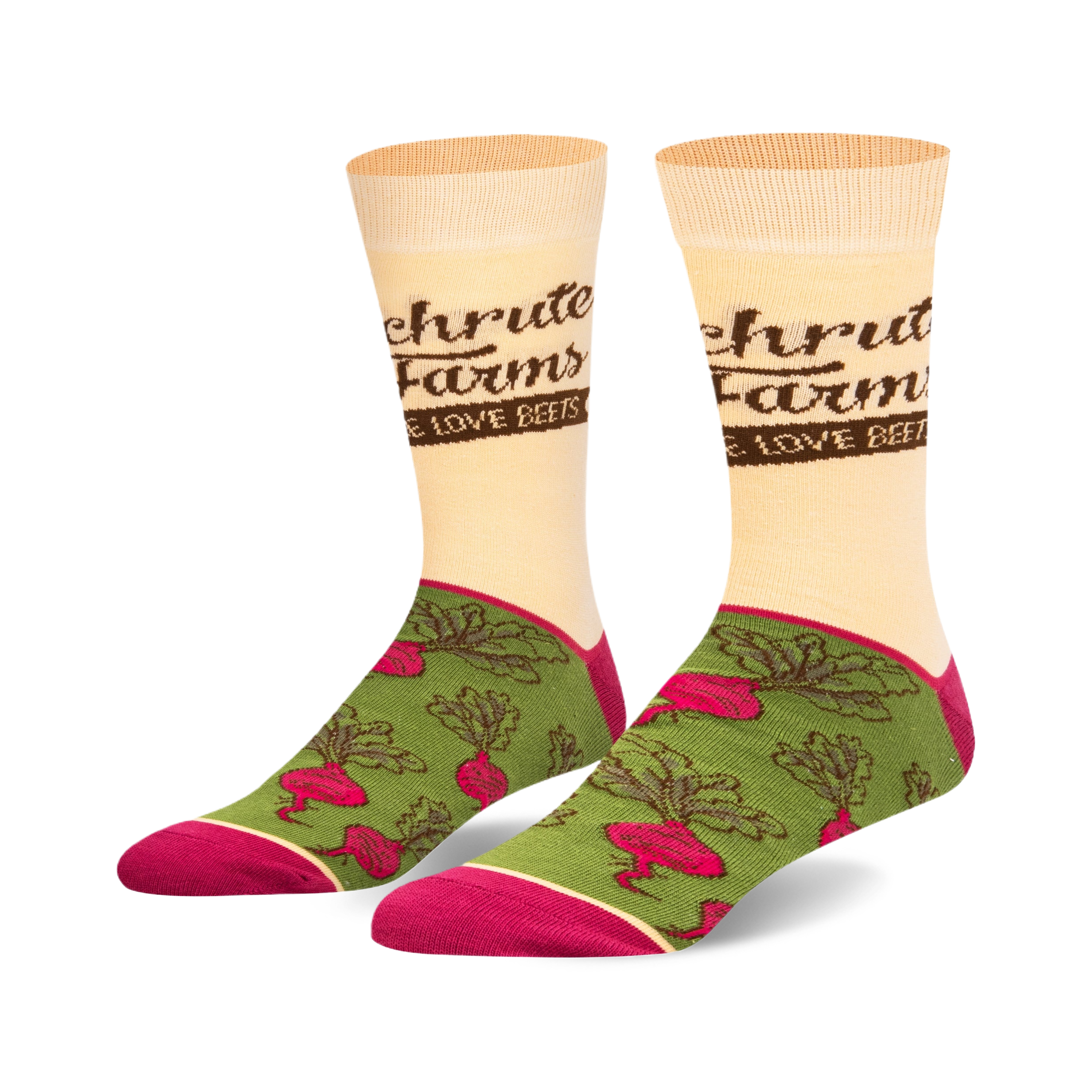 Cream crew socks with a green beet pattern and 'Schrute Farms' logo.  Features brown text and maroon accents.