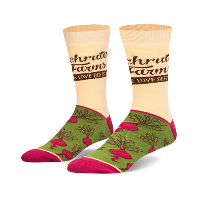 Crew socks with "Schrute Farms WE LOVE BEETS" text on cream, pink beets on green, and solid magenta toe/heel.