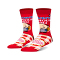 Pair of crew socks in red and beige.  They feature a cartoon illustration of Kevin and text saying 'Kevin's Famous Chili'.