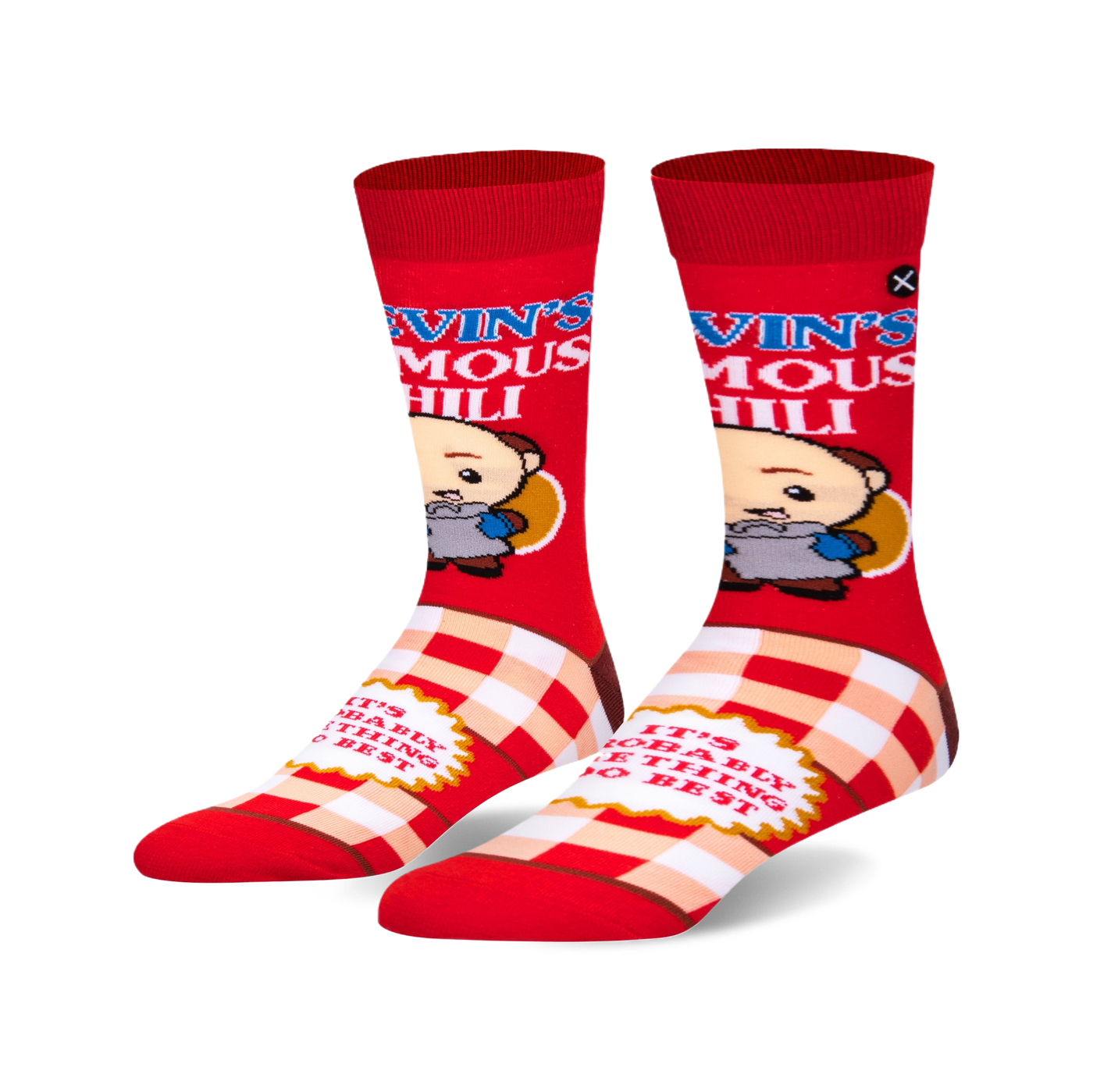Pair of crew socks in red and beige.  They feature a cartoon illustration of Kevin and text saying 'Kevin's Famous Chili'.