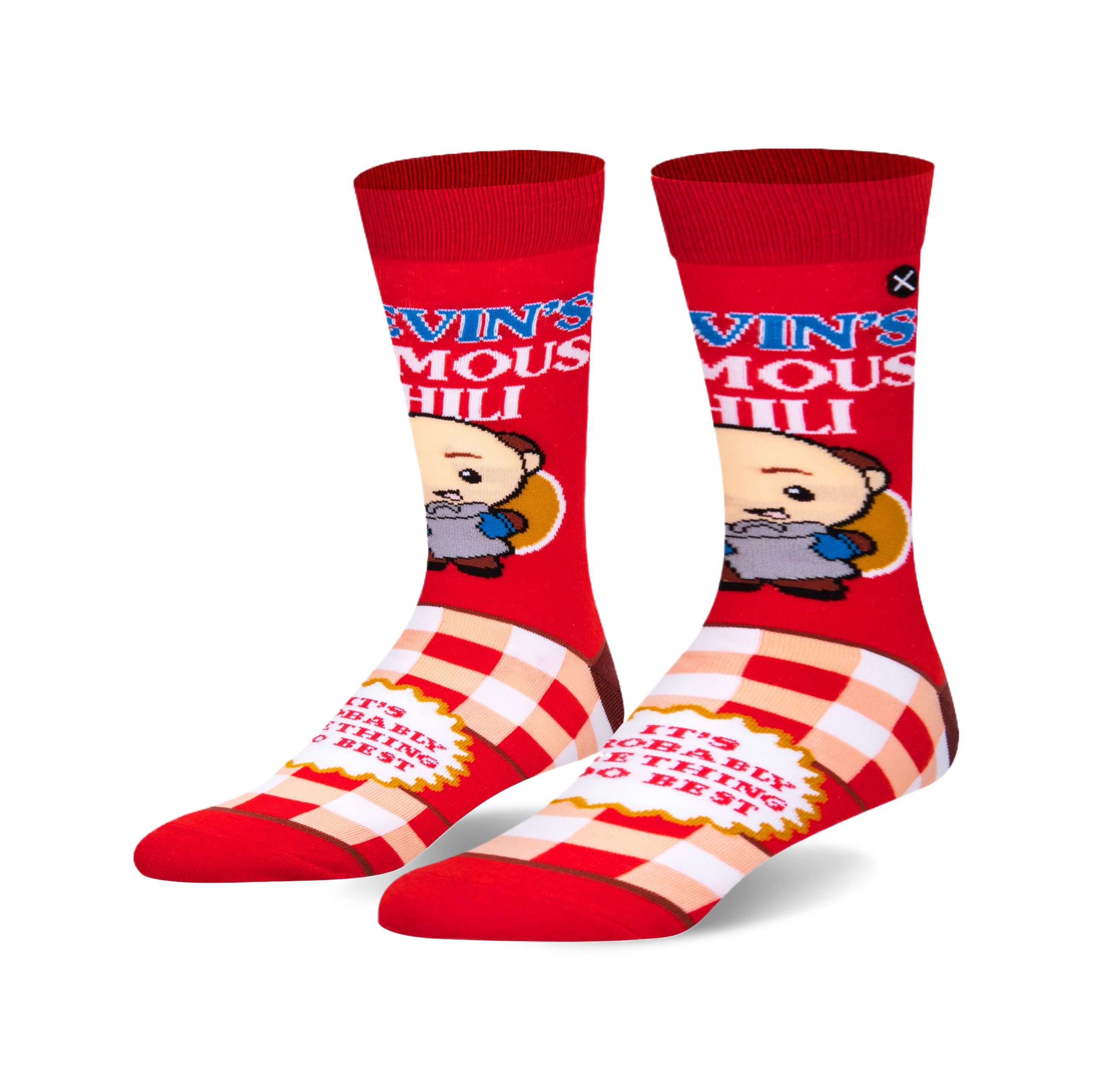 Pair of crew socks in red and beige.  They feature a cartoon illustration of Kevin and text saying 'Kevin's Famous Chili'.
