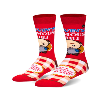 A pair of red crew socks featuring a cartoon character, 'Kevin's Famous Chili' text, and a red and white checkered pattern.