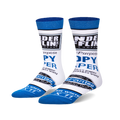 Pair of white crew socks with blue Dunder Mifflin Paper Co. logo and text.  Features the company slogan and paper product details.